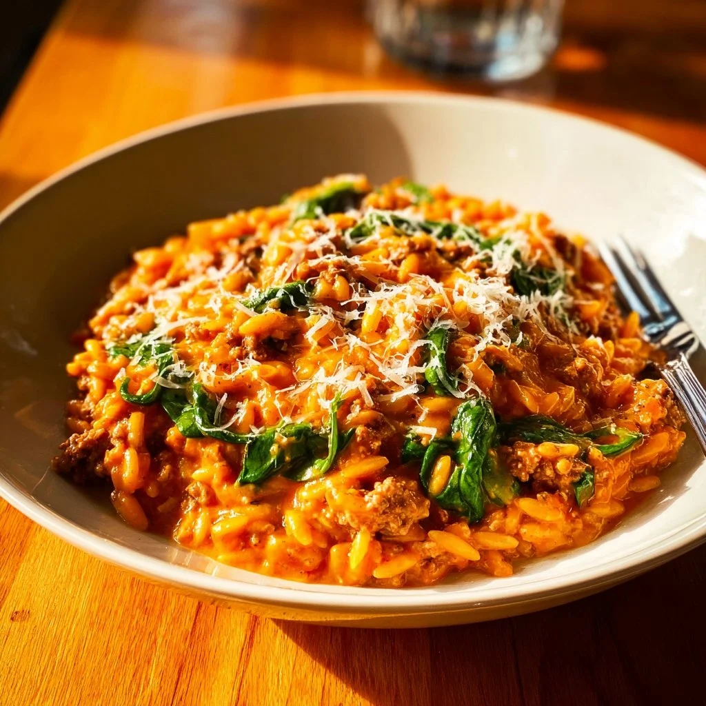 Creamy ground beef orzo with herbs and vegetables in a bowl