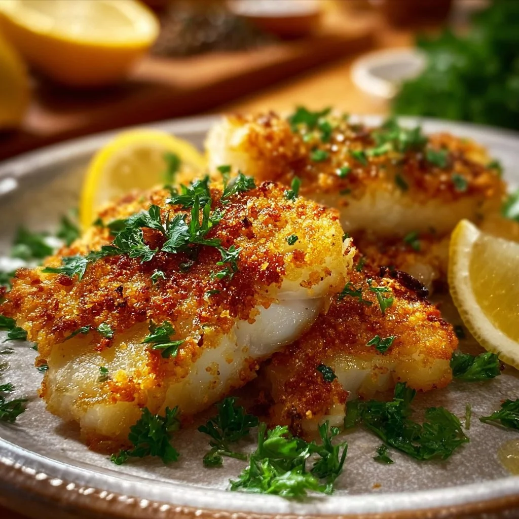 Crispy baked cod fillets served with lemon and herbs on a plate