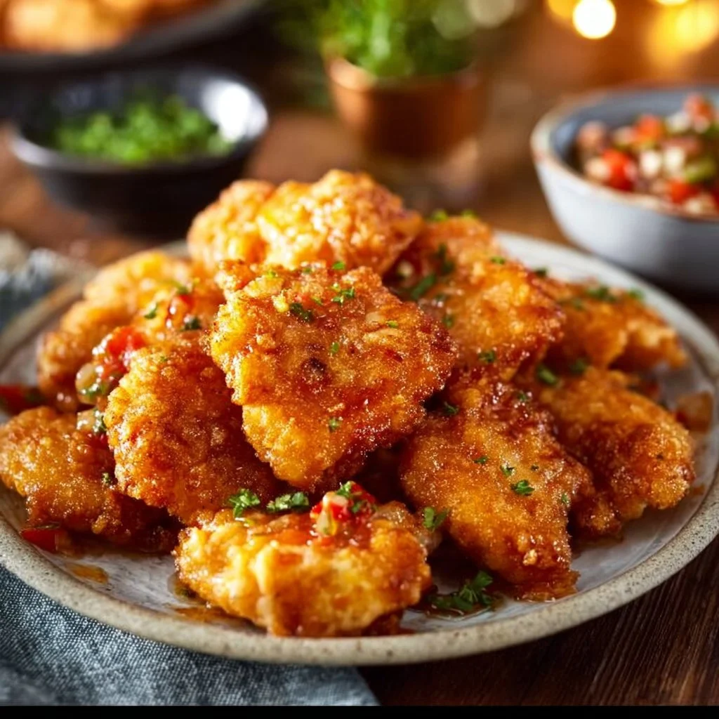 Crispy garlic butter chicken served with herbs and lemon slices