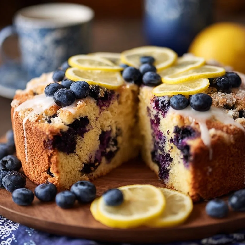 Slice of blueberry lemon coffee cake with fresh blueberries on top
