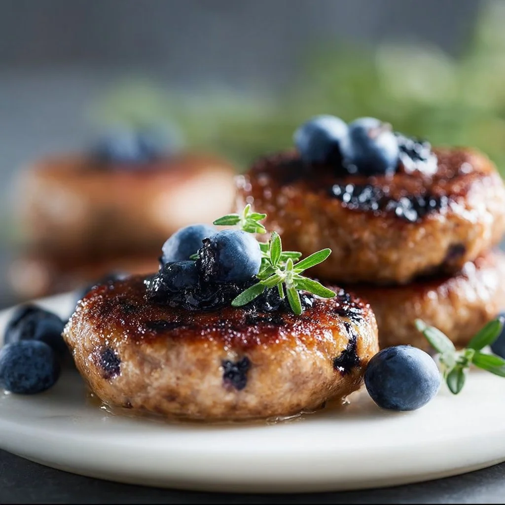 Delicious blueberry turkey sausage served on a plate with fresh fruits.