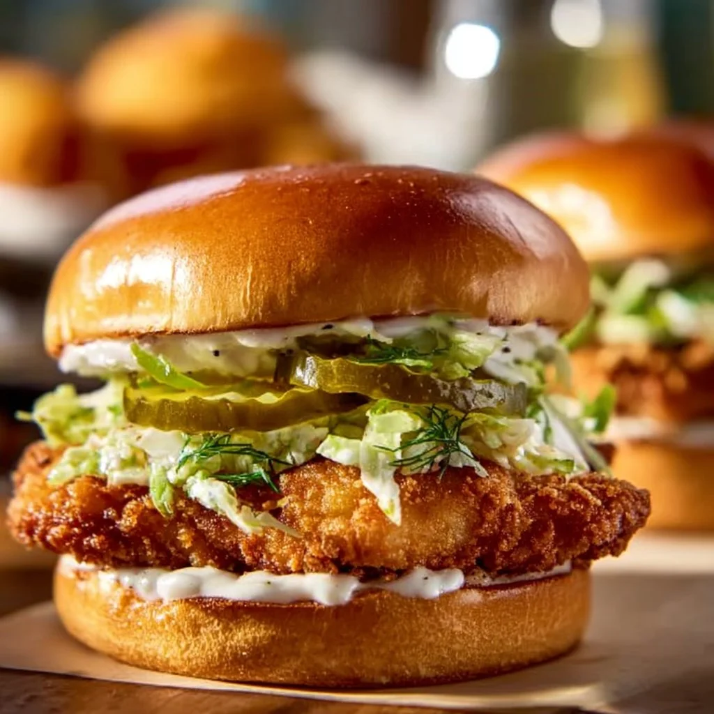 Dill Pickle Chicken Sandwich with crispy chicken, dill pickles, and creamy sauce