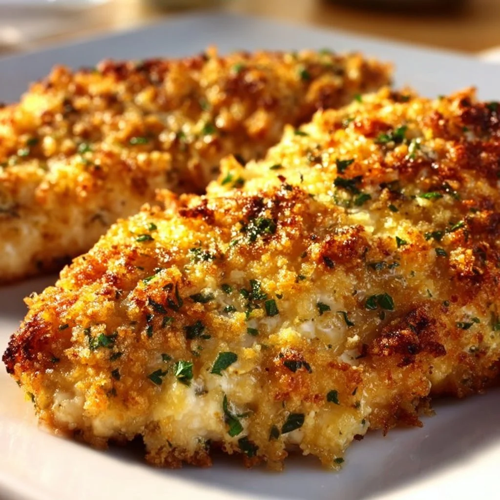 Easy garlic parmesan chicken bake with crispy topping and juicy chicken