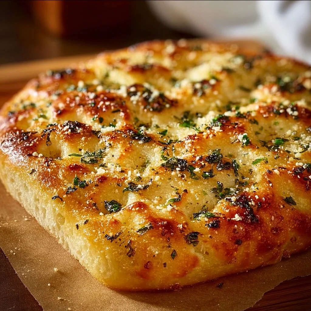 Delicious garlic parmesan focaccia bread fresh out of the oven