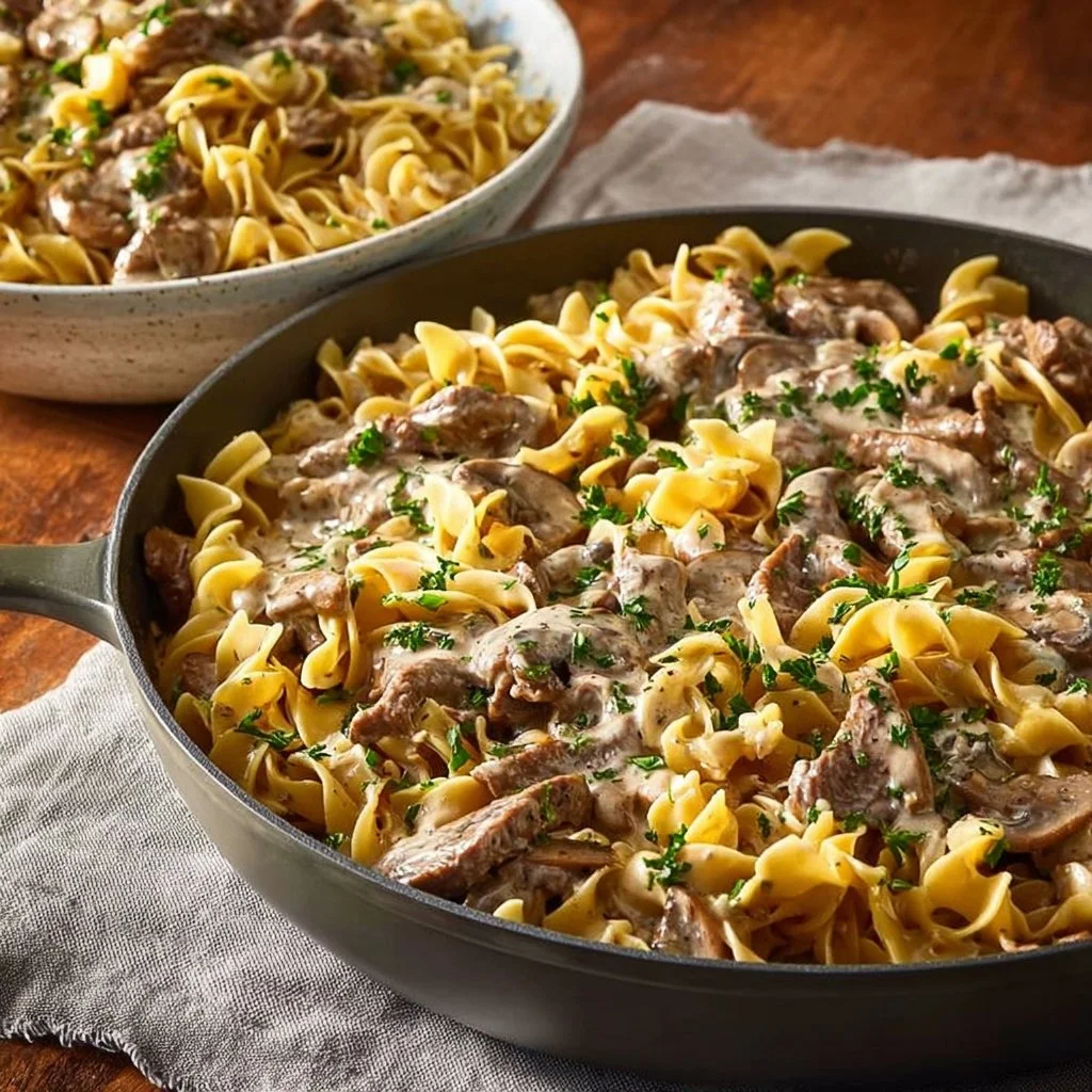 Delicious plate of easy Ground Beef Stroganoff with creamy sauce and noodles
