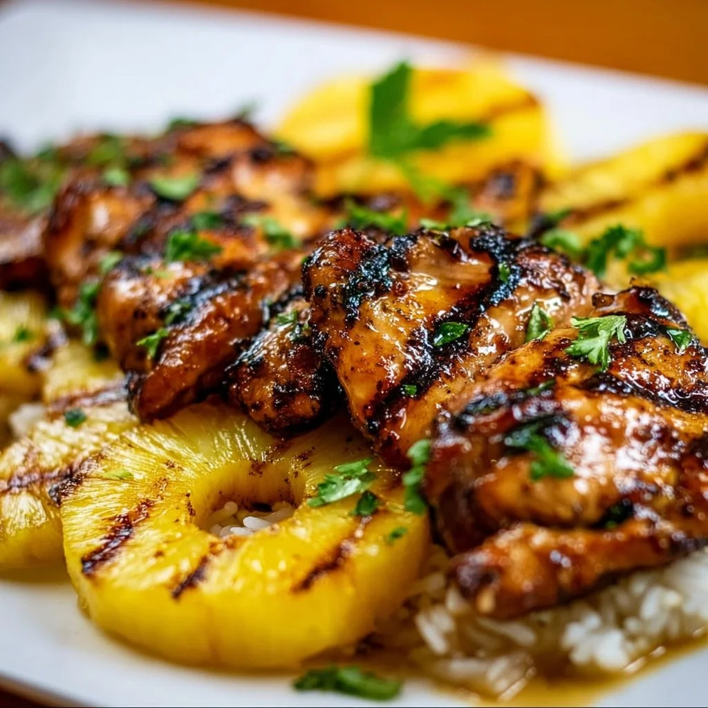 Delicious Easy Hawaiian Chicken paired with creamy coconut rice.