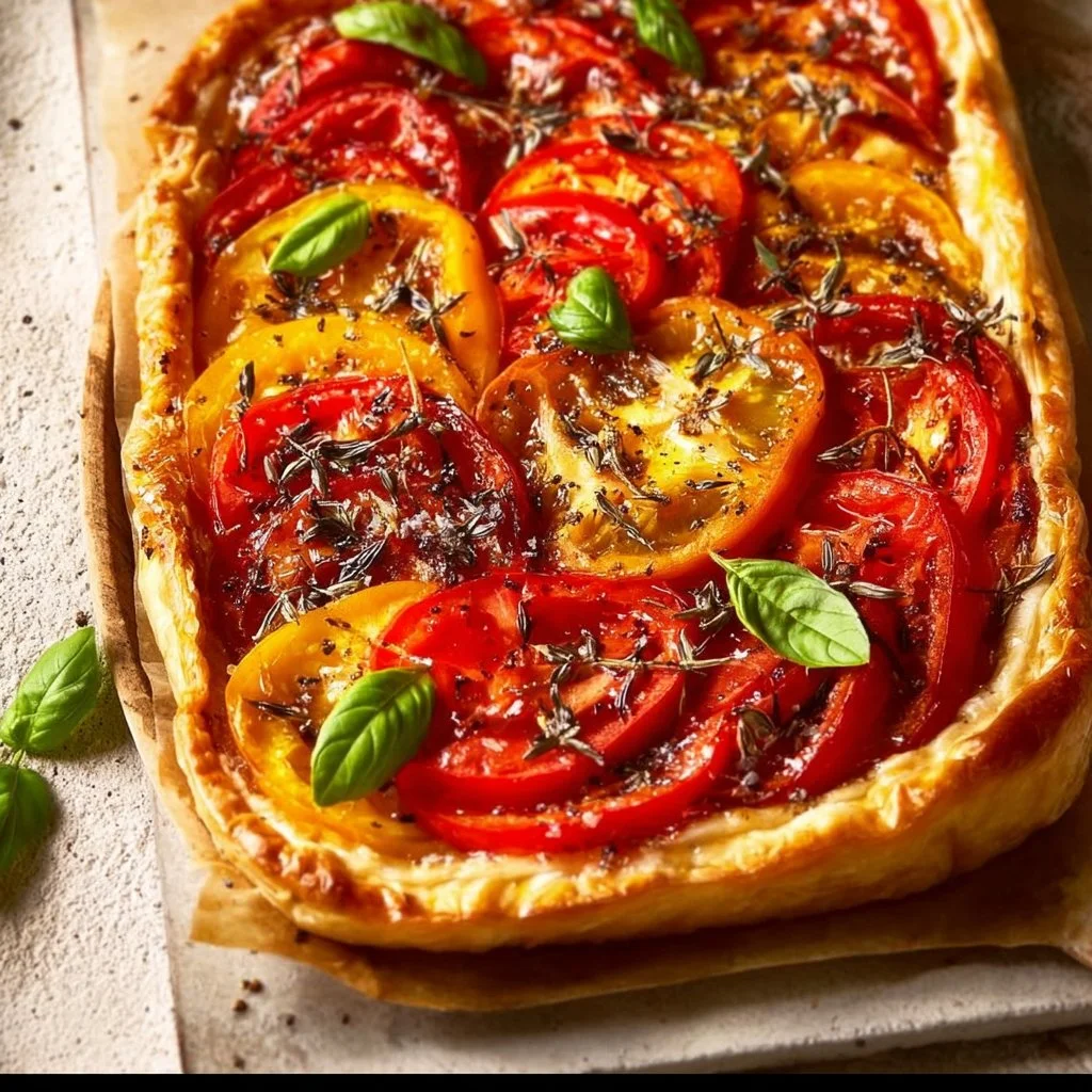Easy tomato tart with puff pastry topped with fresh tomatoes and herbs.