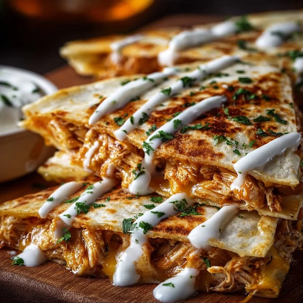 Delicious homemade chicken quesadilla served with salsa and sour cream.
