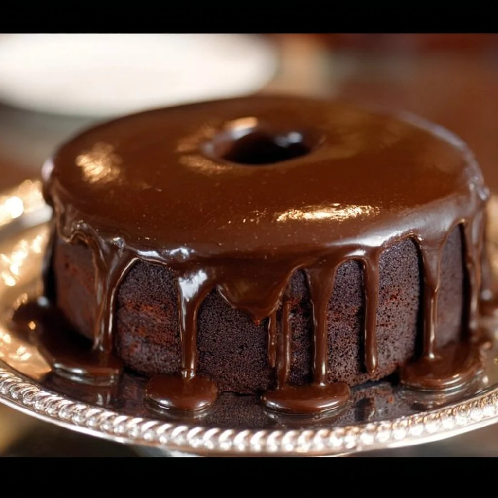 Famous Brick Street Chocolate Cake slice on a plate with chocolate drizzle