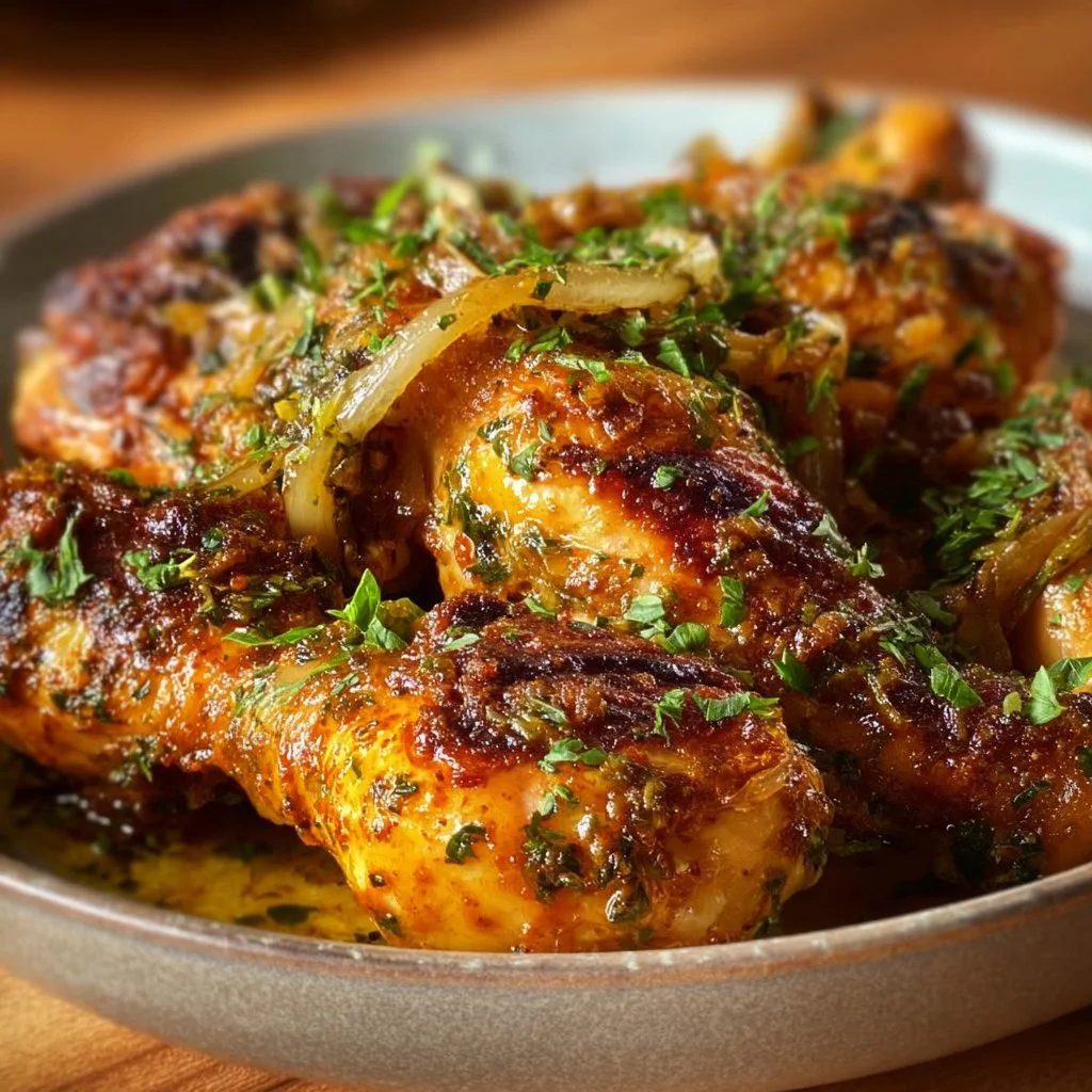 French Onion Chicken Drumsticks topped with melted cheese and caramelized onions