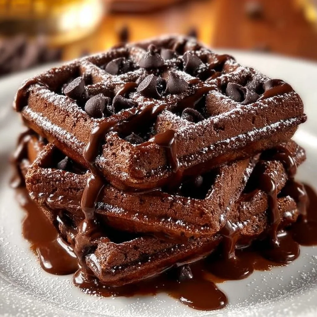 Delicious fudgy brownie waffles served with chocolate syrup and whipped cream