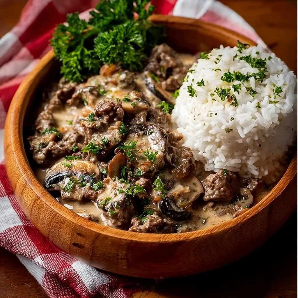Delicious Ground Beef Stroganoff served over rice in a bowl.