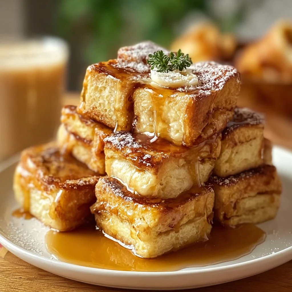 Delicious Hawaiian Roll French Toast topped with fruit and syrup