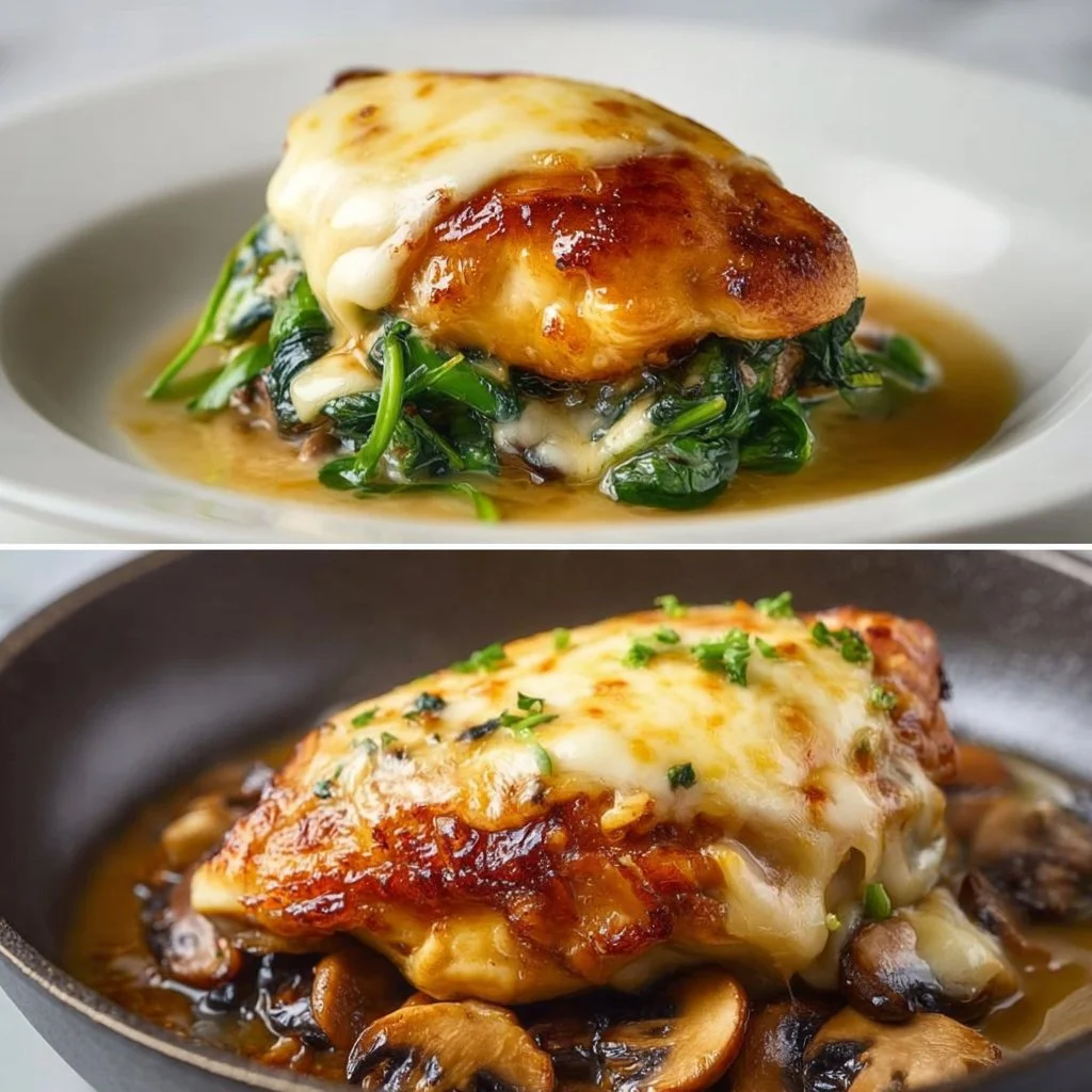 Healthy mushroom stuffed chicken breast plated with fresh herbs