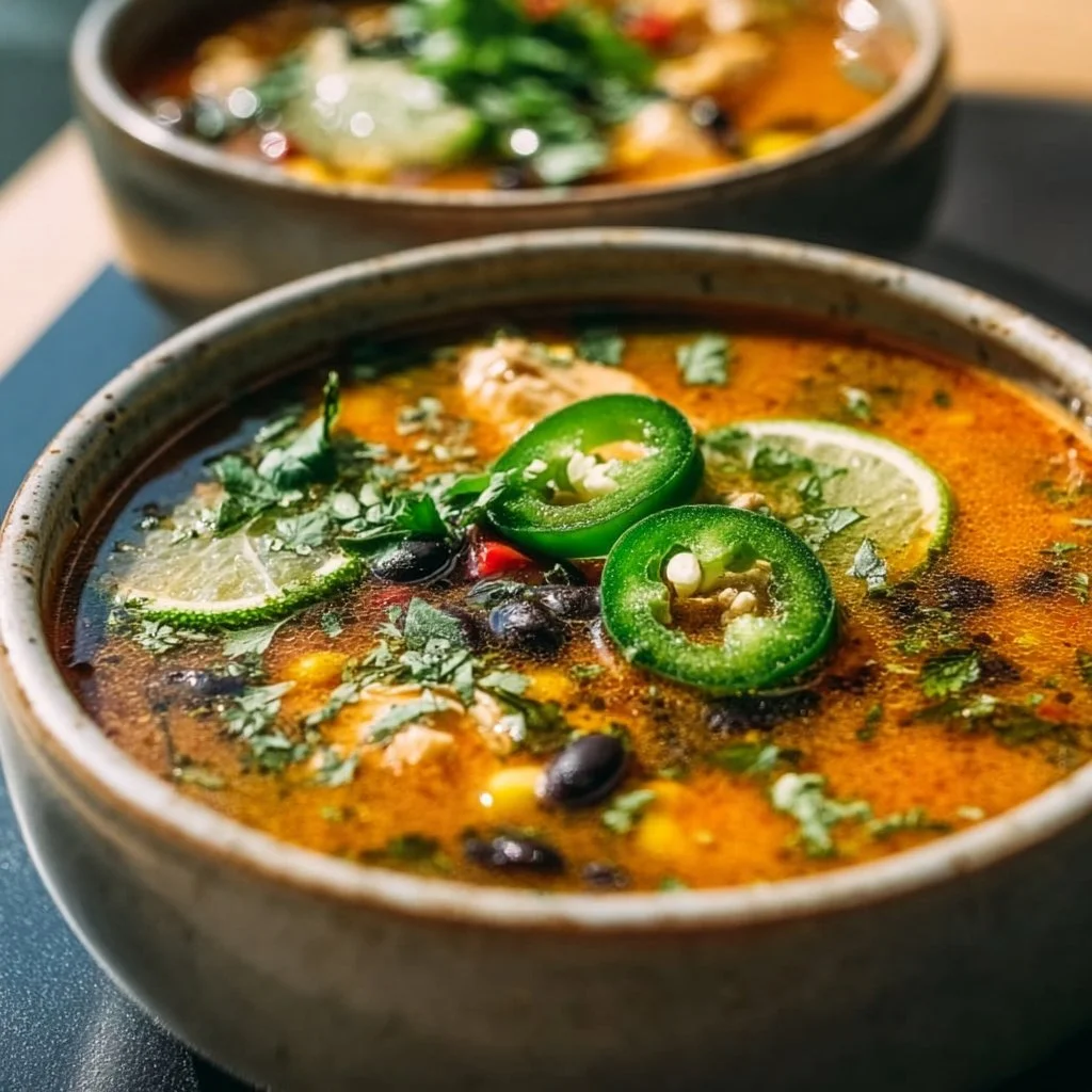 Hearty Chicken Poblano Soup with black beans and fresh ingredients