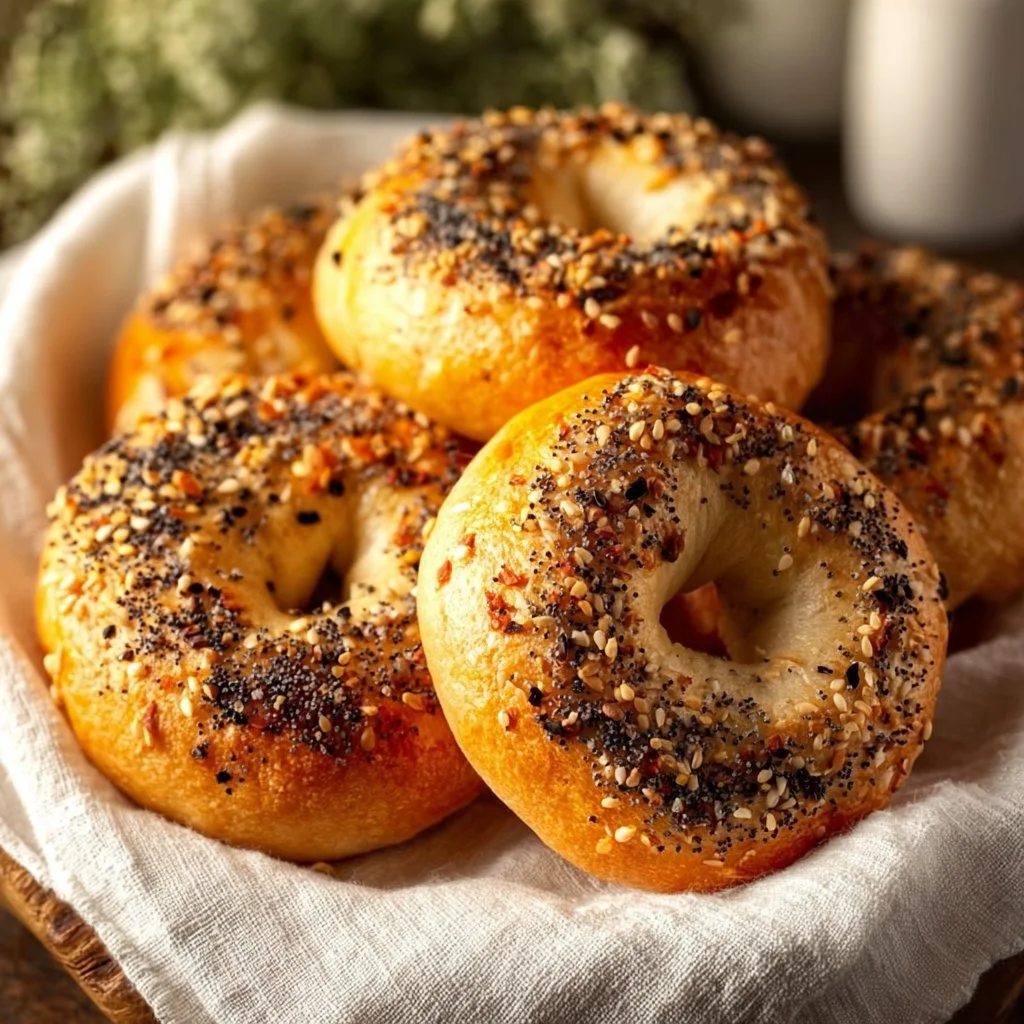 Freshly baked homemade bagels on a wooden cutting board