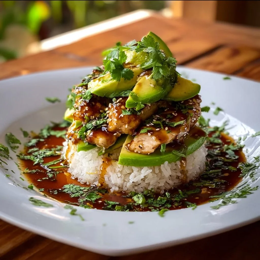 Honey Lime Chicken Avocado Rice Stack on a plate, garnished with lime slices and cilantro.