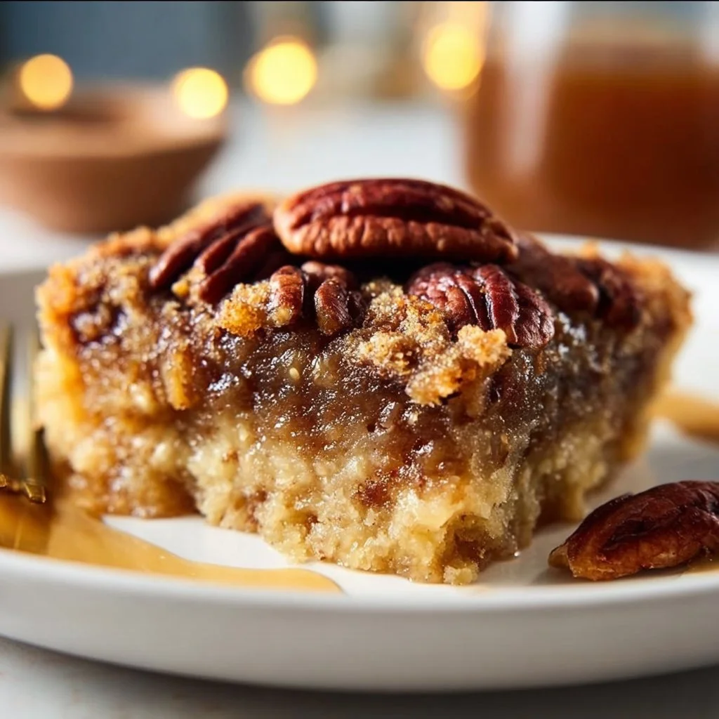 Irresistible pecan pie dump cake topped with nuts and caramel
