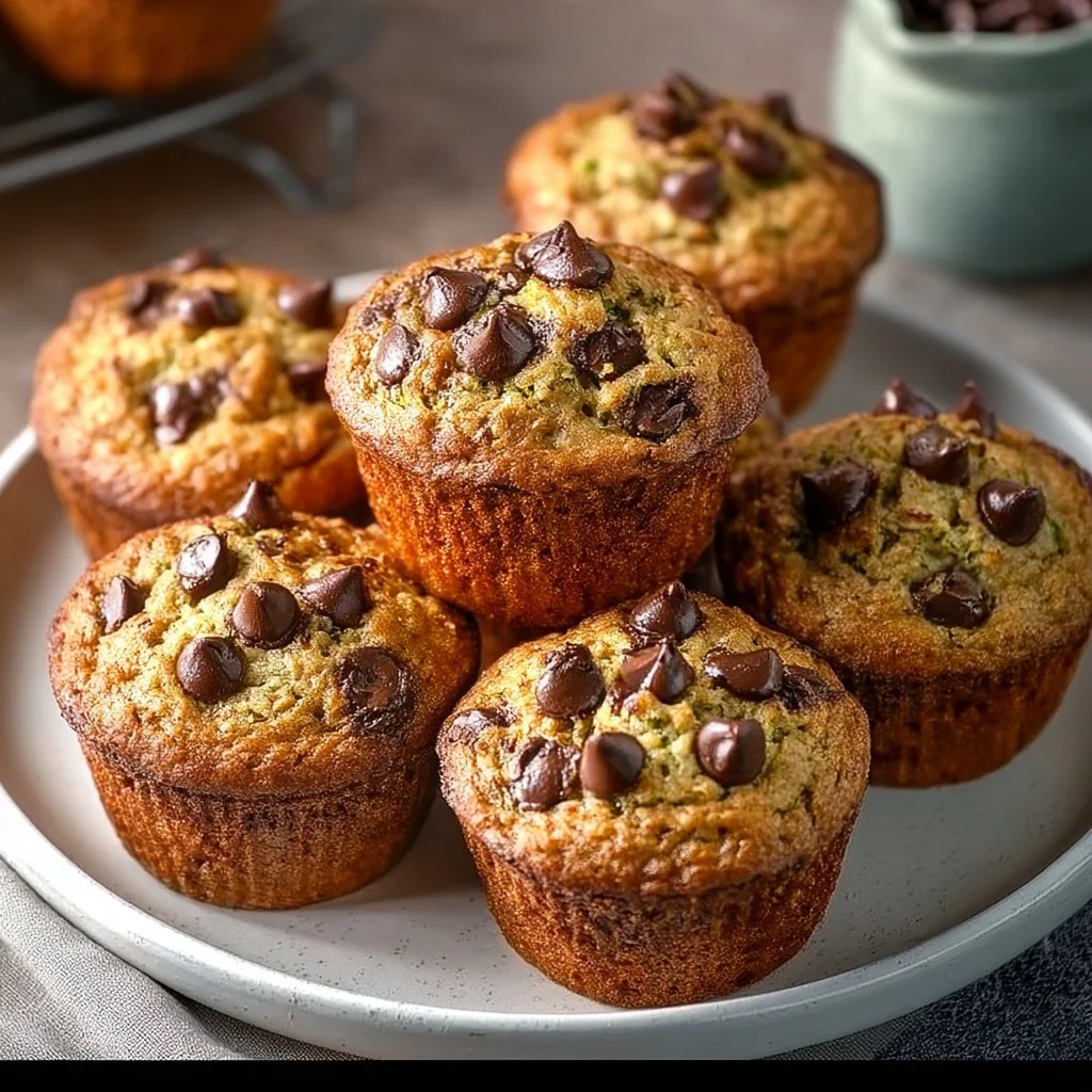 Moist chocolate chip zucchini muffins fresh out of the oven