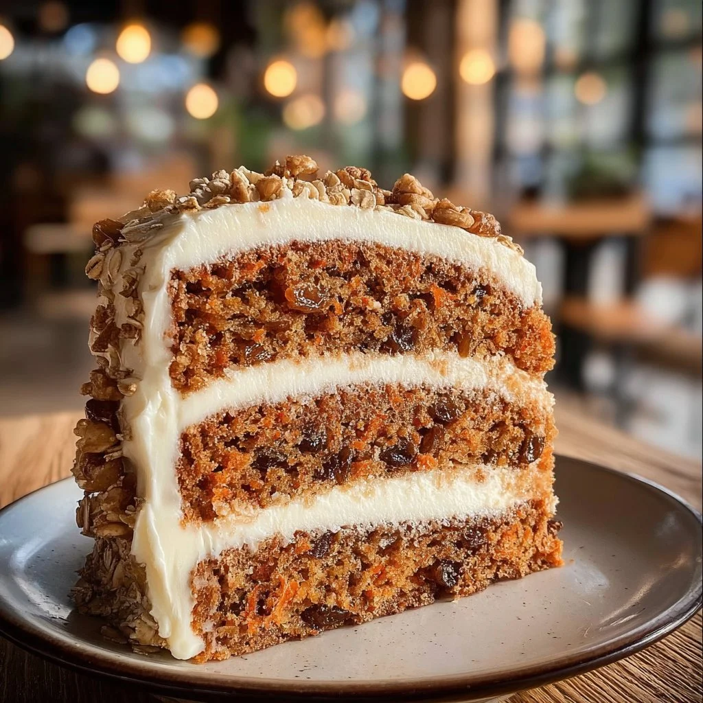 Irresistibly moist oatmeal carrot cake topped with cream cheese frosting