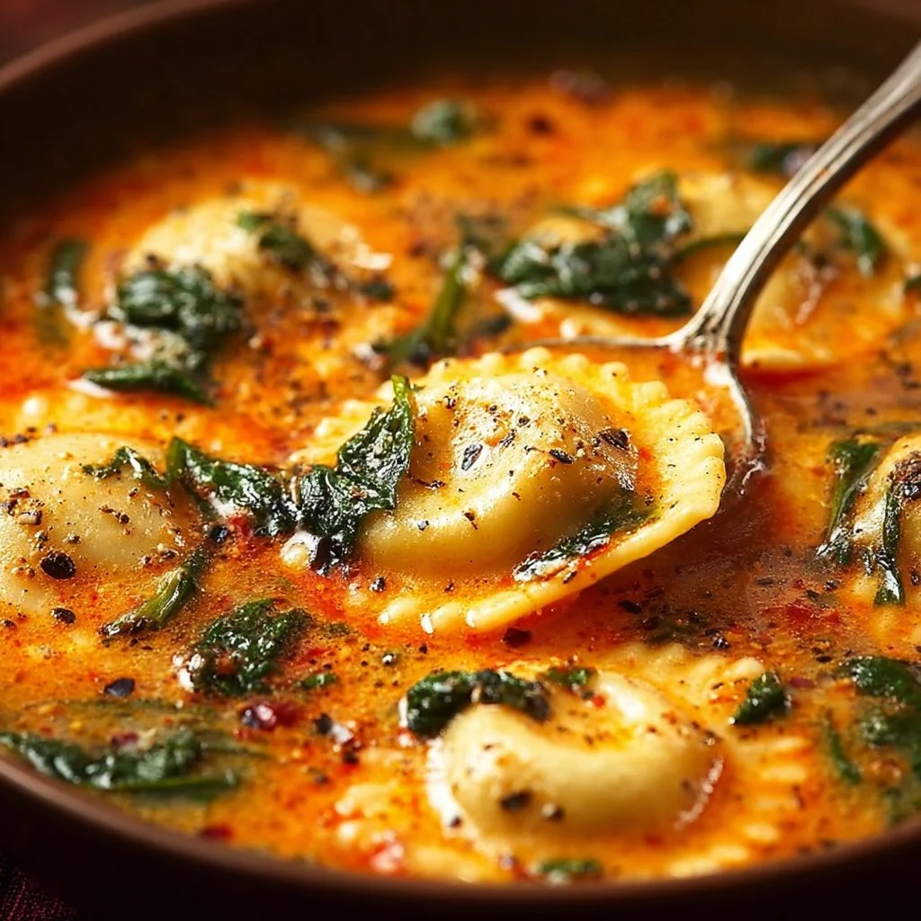 Delicious Italian Tuscan Ravioli Soup topped with fresh herbs and seasoning.
