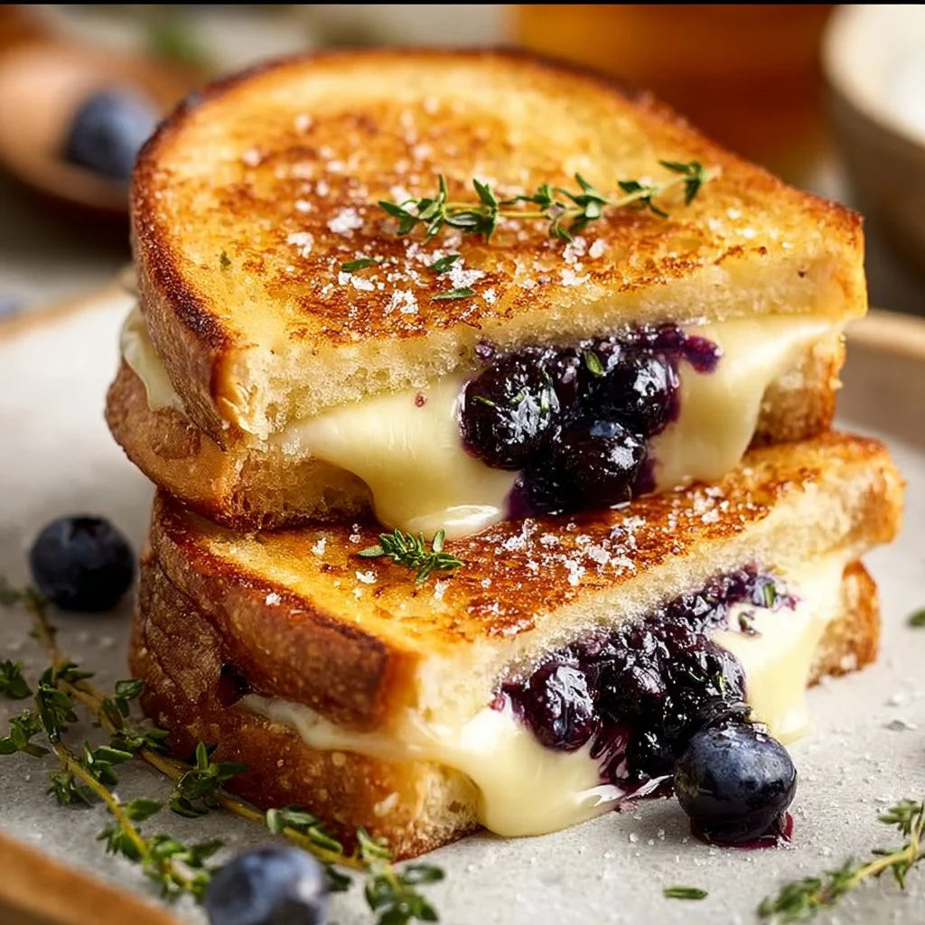 Juicy blueberry grilled cheese sandwich with melty cheese and fresh blueberries