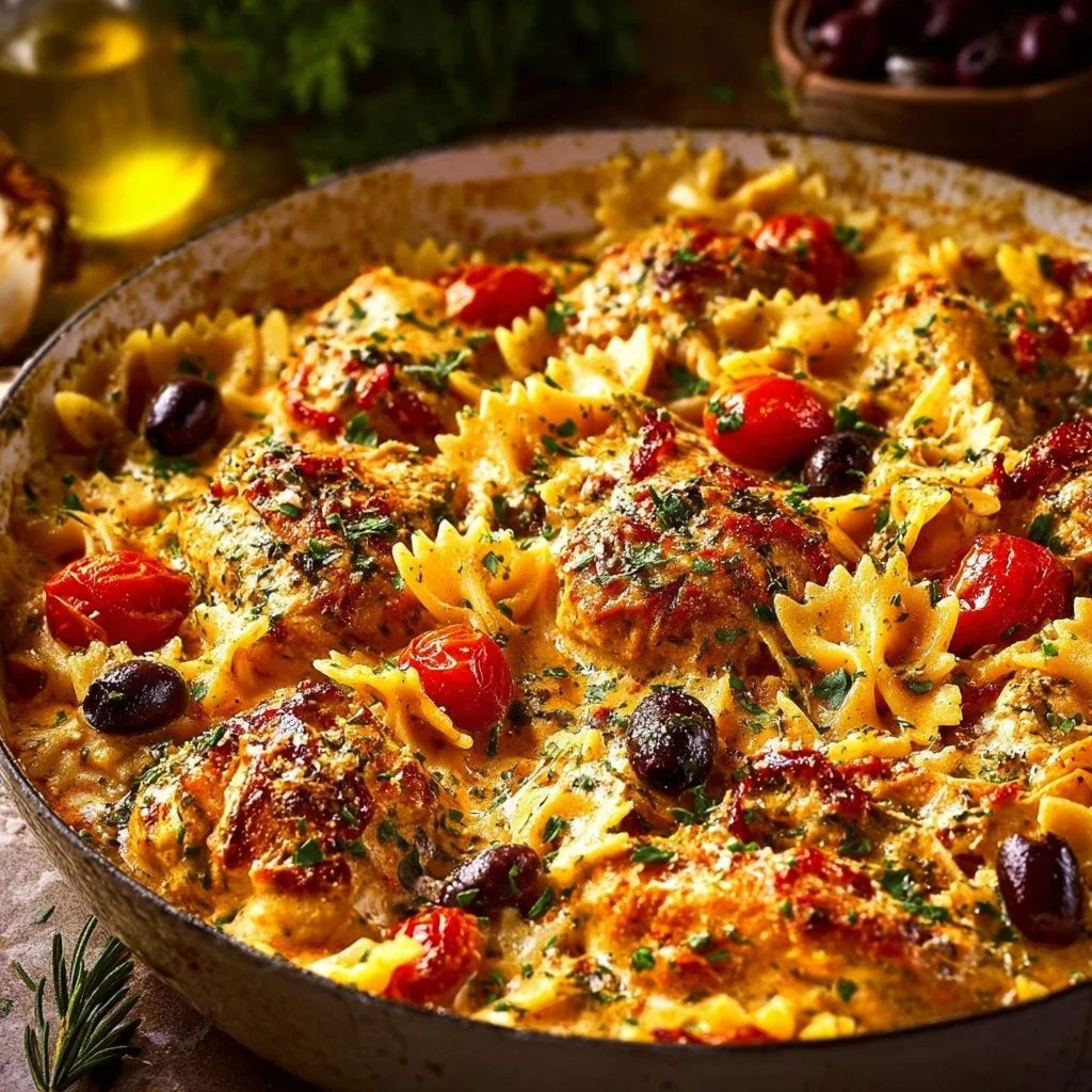 Juicy Mediterranean Chicken Pasta Bake with fresh vegetables and herbs