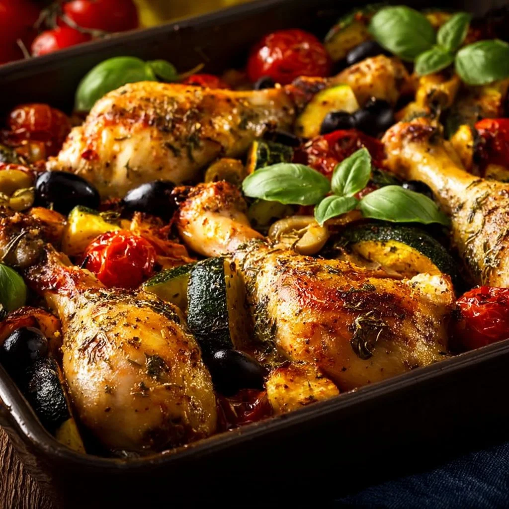 Keto Mediterranean Chicken Zucchini Bake topped with fresh herbs and feta.