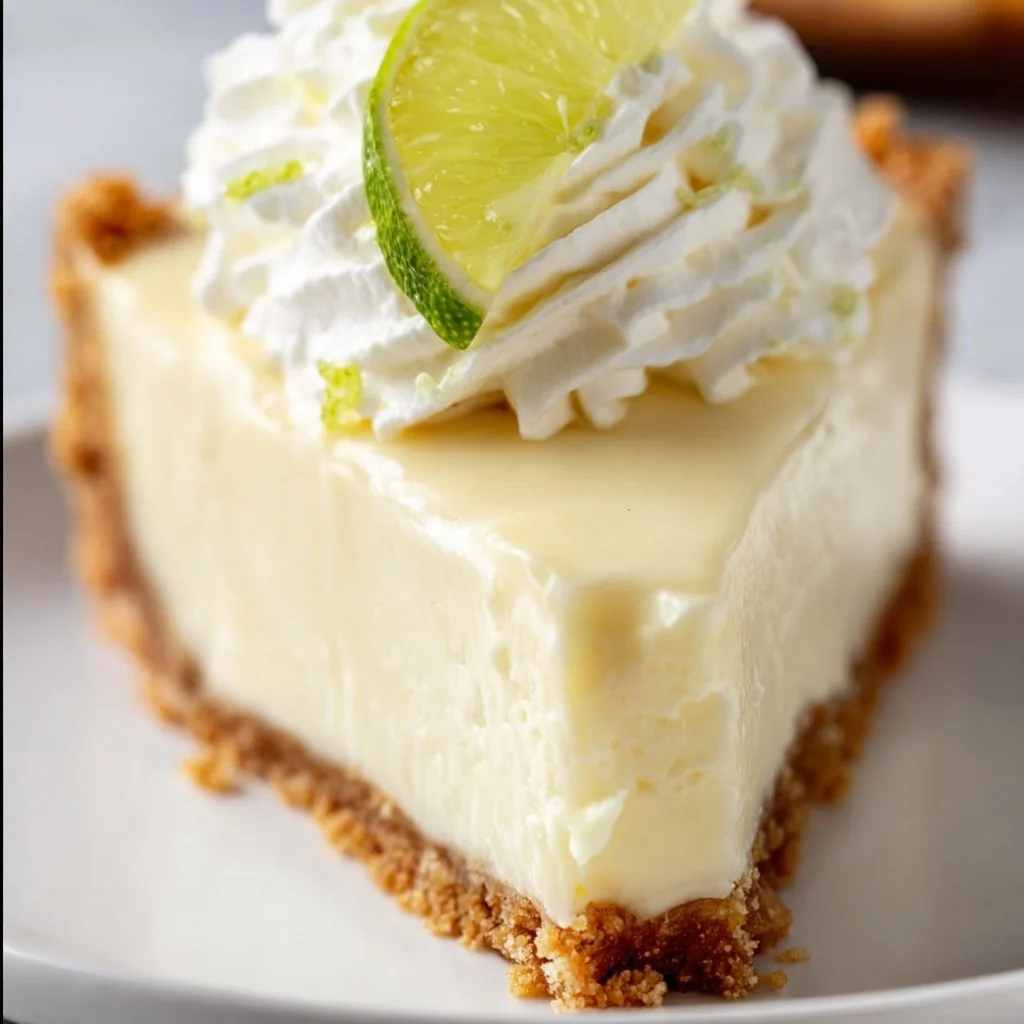 Slice of homemade Key Lime Pie on a plate with lime garnish