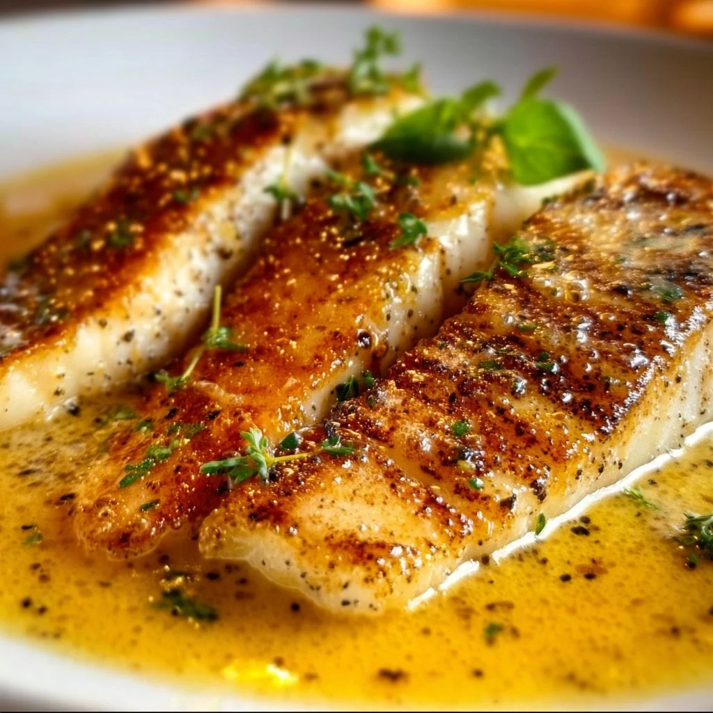 Delicious lemon butter fish fillet garnished with herbs and lemon slices