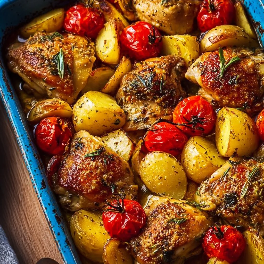 Lemon Mediterranean Chicken Tray Bake with fresh herbs and vibrant vegetables