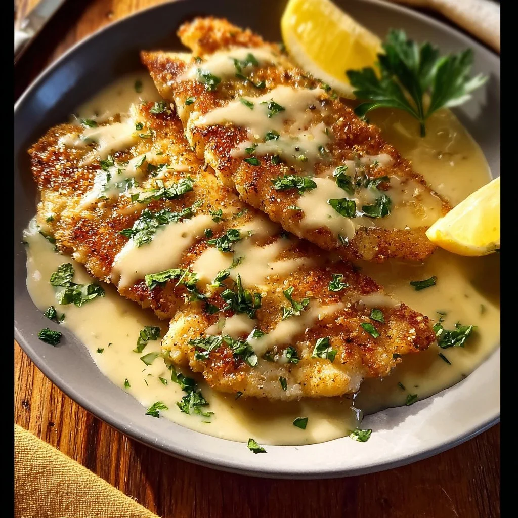Lemon Pecorino Crusted Chicken with Creamy Lemon Sauce plated elegantly