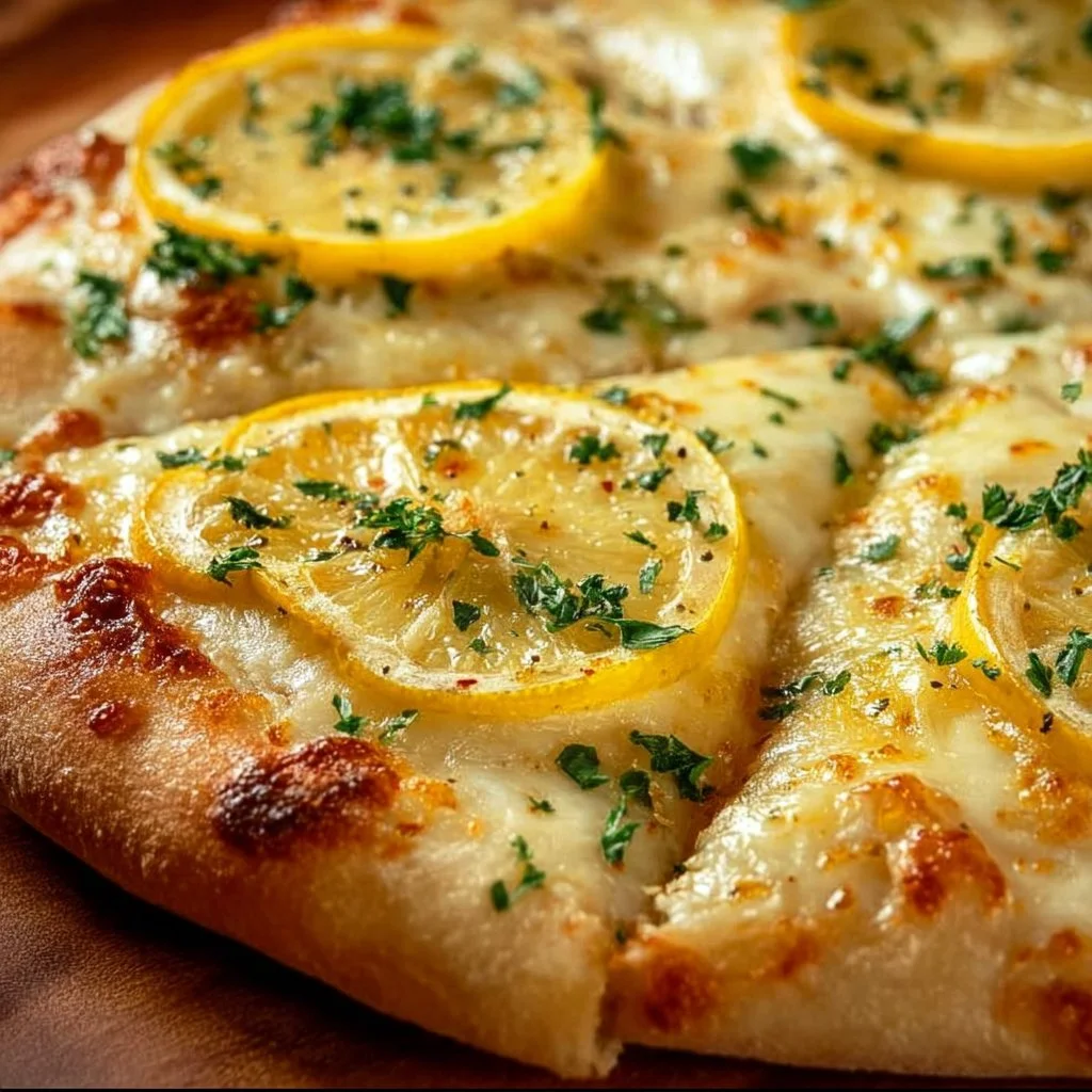 A delicious slice of lemon pizza with fresh toppings and a zesty lemon flavor.