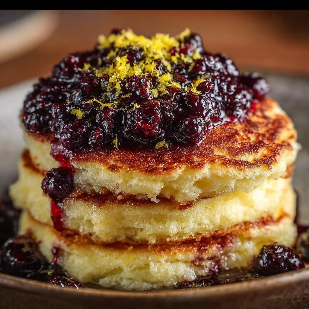 Plate of lemon ricotta pancakes topped with blueberry compote