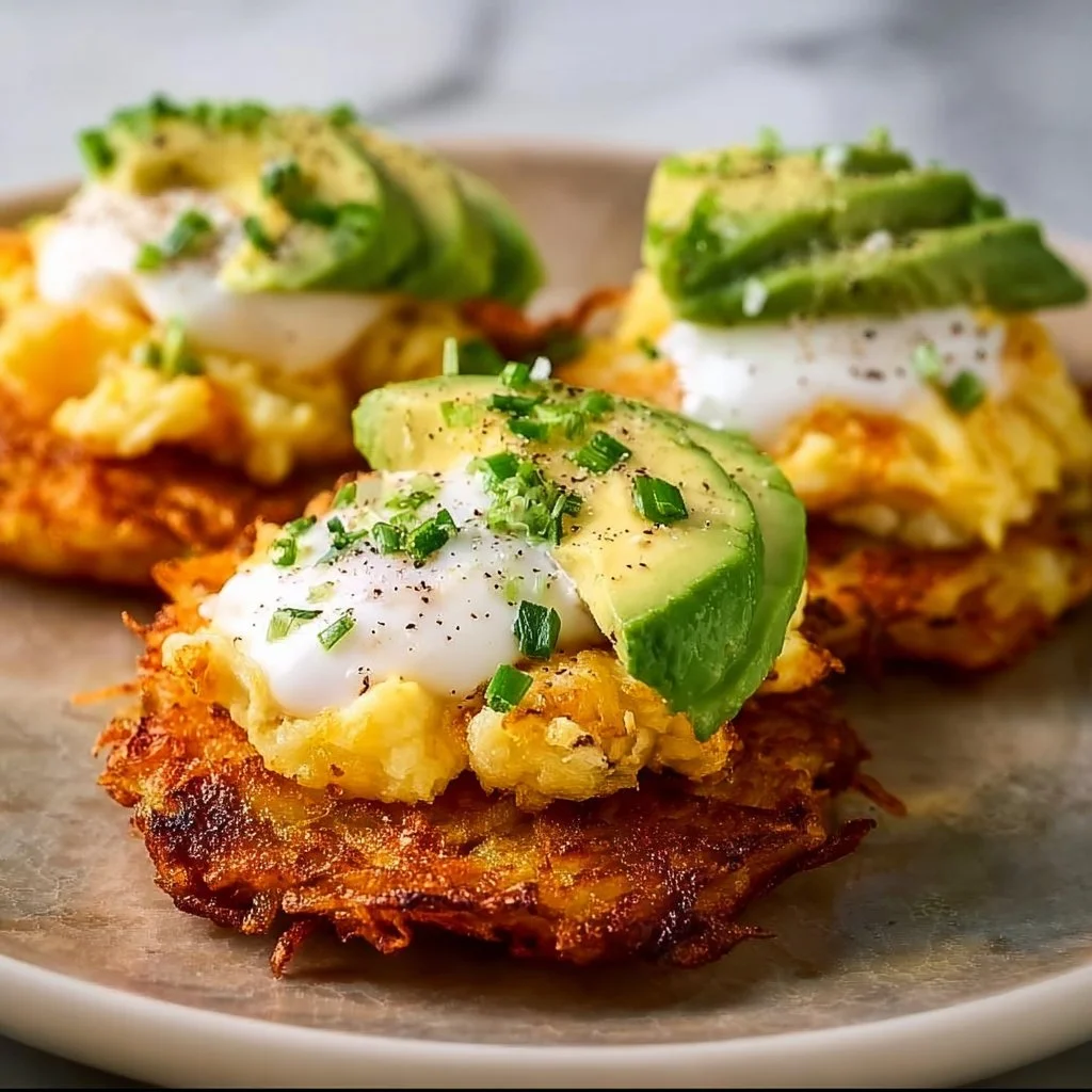 Loaded hash browns topped with scrambled eggs on a plate