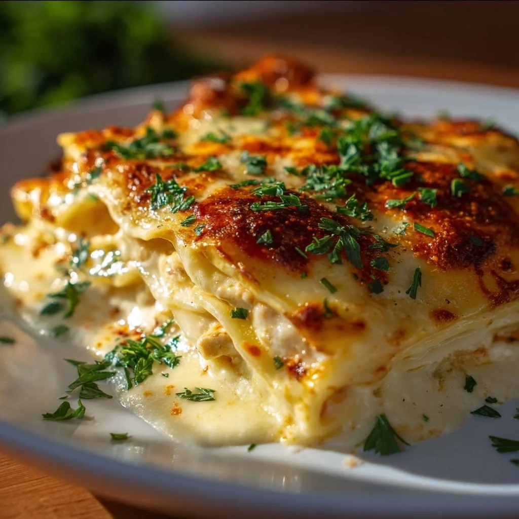 Delicious Marry Me Chicken Lasagna garnished with herbs and cheese.