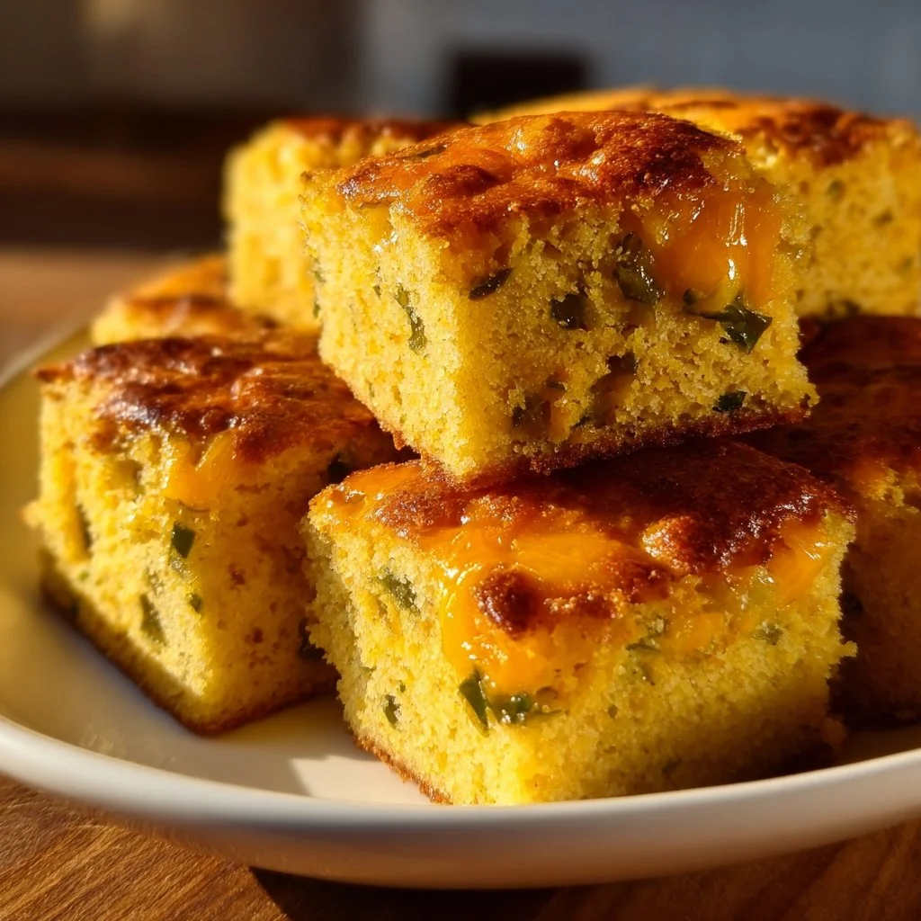 Delicious slice of Mexican Cornbread served on a plate with toppings