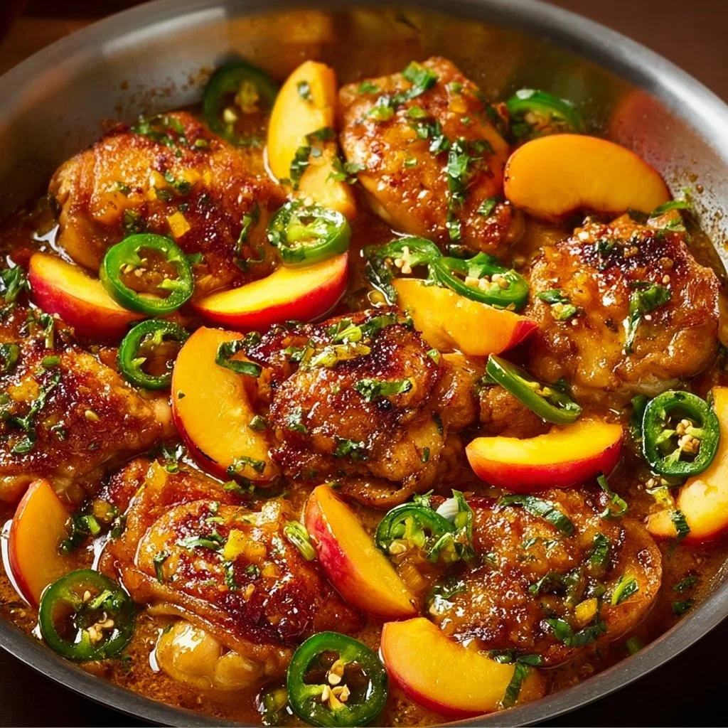 Delicious spicy peach chicken garnished with fresh herbs