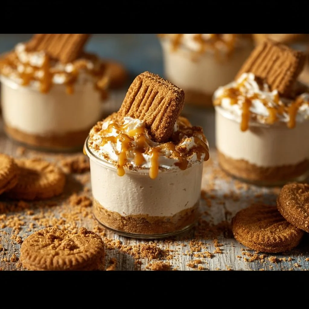 No-Bake Biscoff Cheesecake Cups topped with cookie crumbs and caramel drizzle