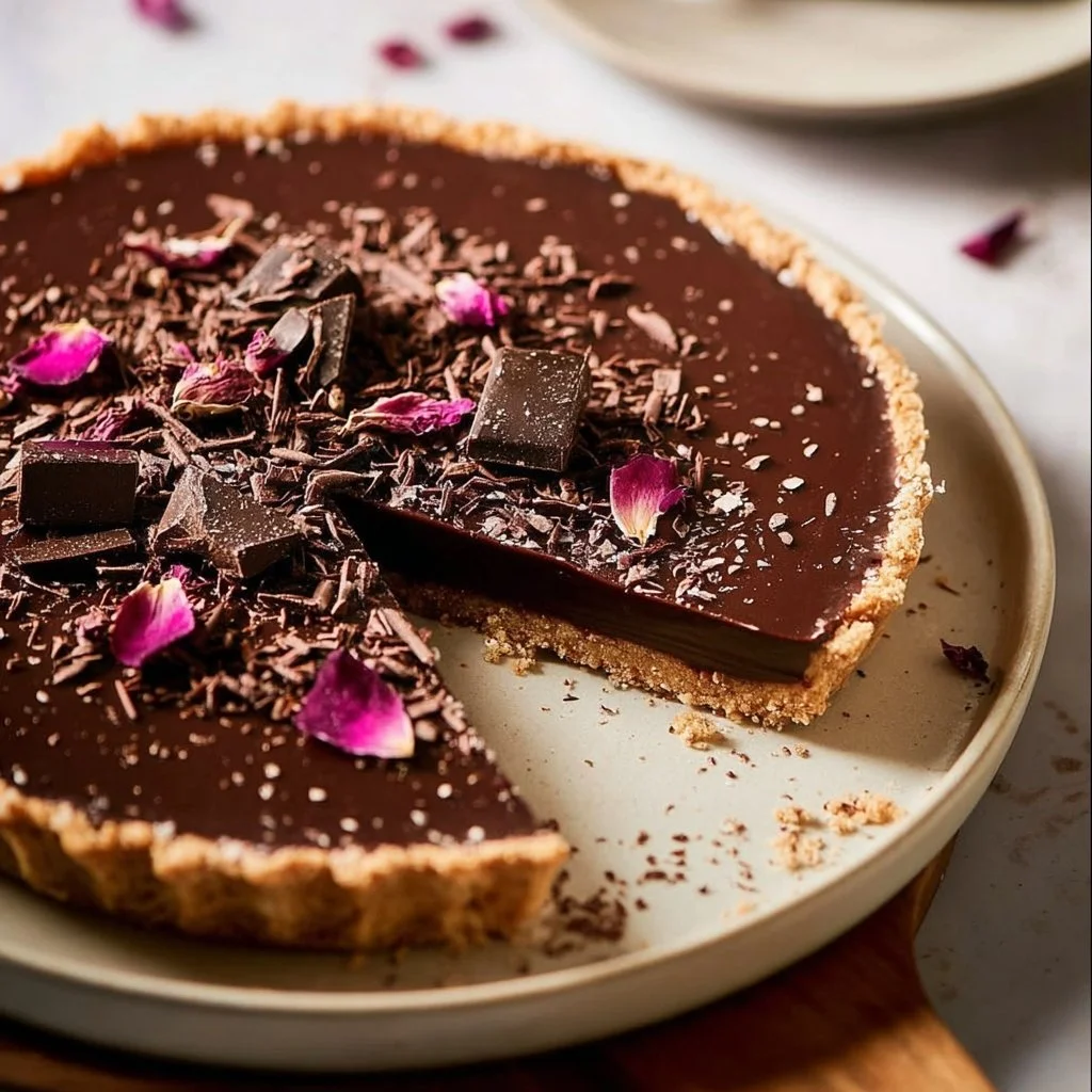 No bake chocolate ganache tart topped with rich salted caramel.