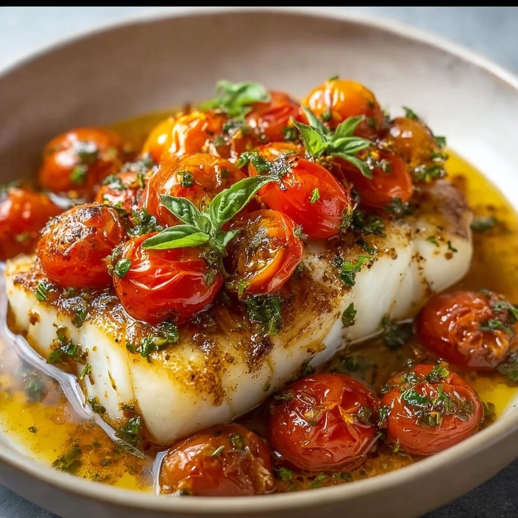 Pan-seared cod with white wine tomato basil sauce served on a plate