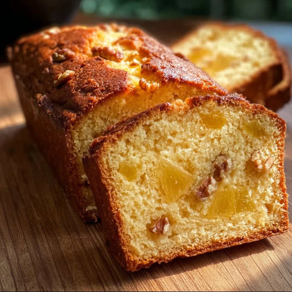 Moist pineapple bread with chunks of fresh pineapple and a golden crust