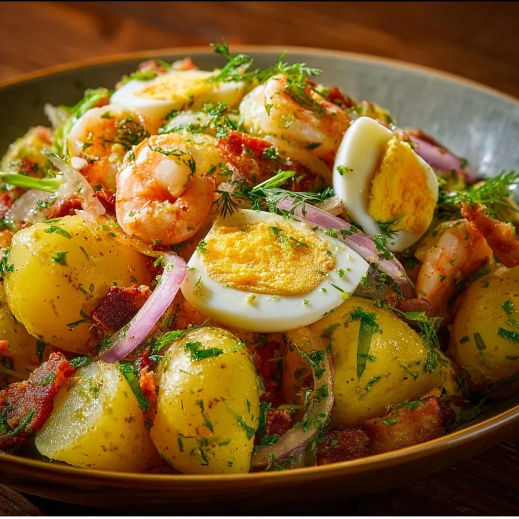 Homemade potato salad recipe with fresh ingredients and dressing.