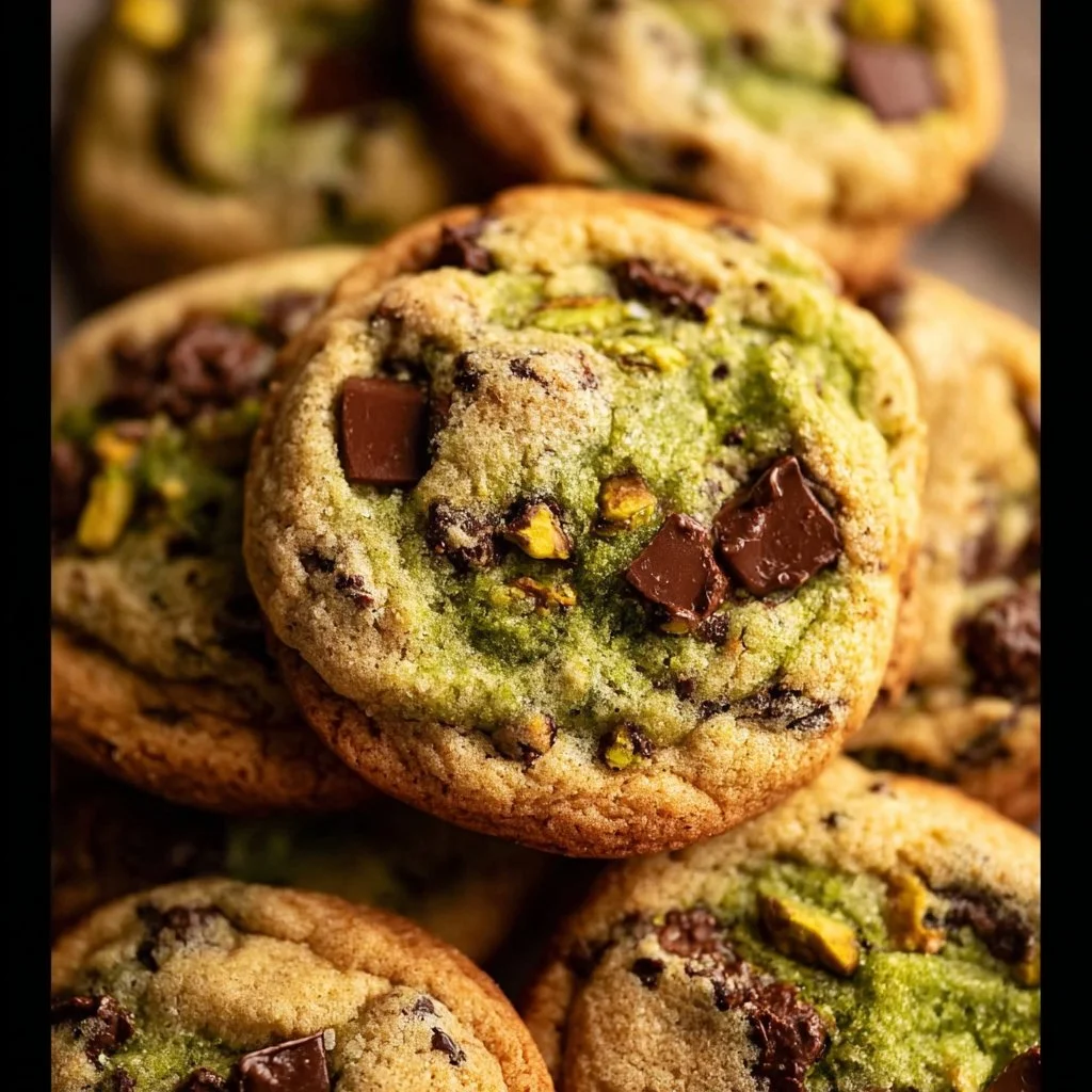 Freshly baked pistachio chocolate chip cookies on a cooling rack