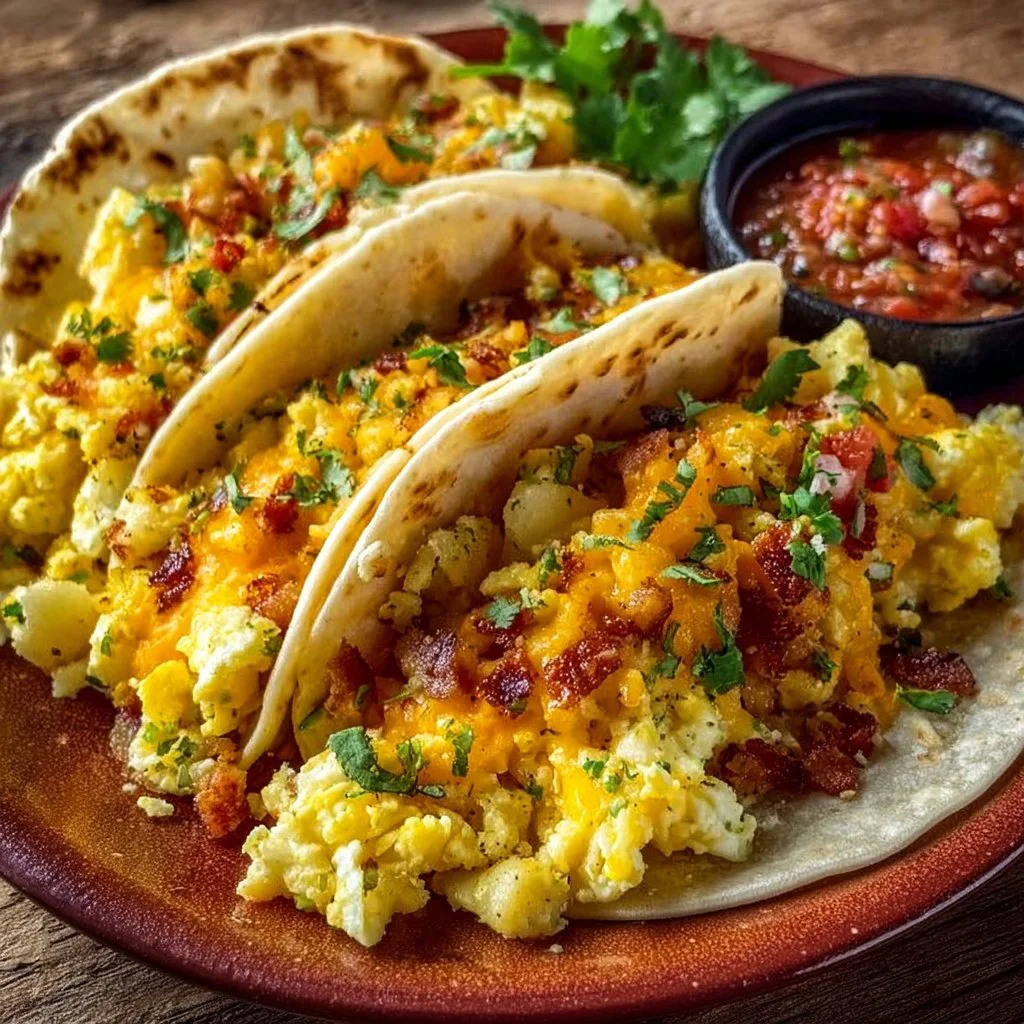 Potato, egg, and cheese breakfast tacos on a plate for a hearty meal