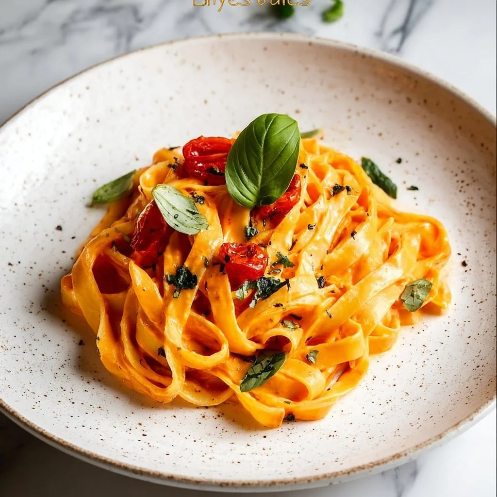 Bowl of quick creamy tomato pasta topped with fresh basil and parmesan cheese
