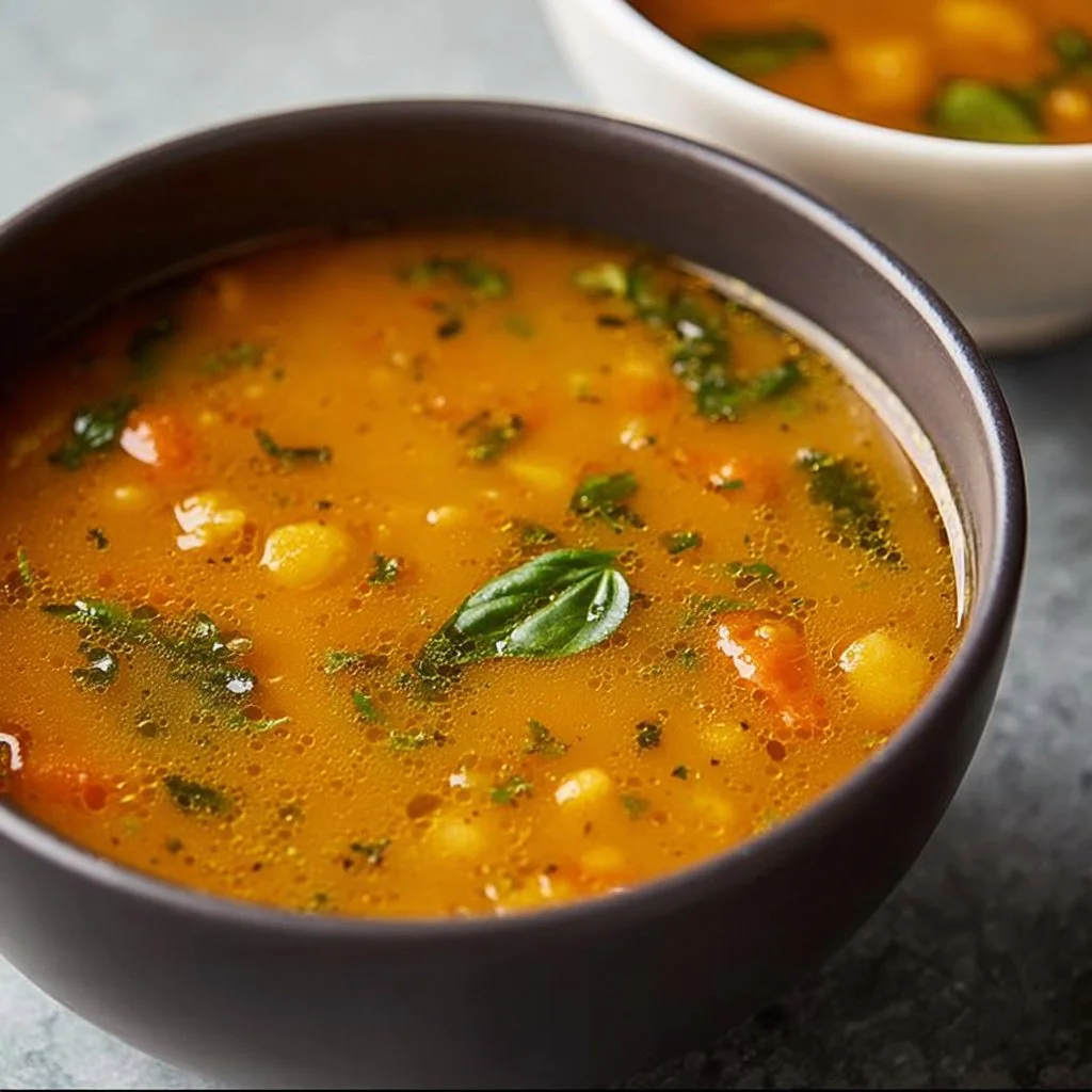 Bowl of traditional rasam soup garnished with cilantro and spices