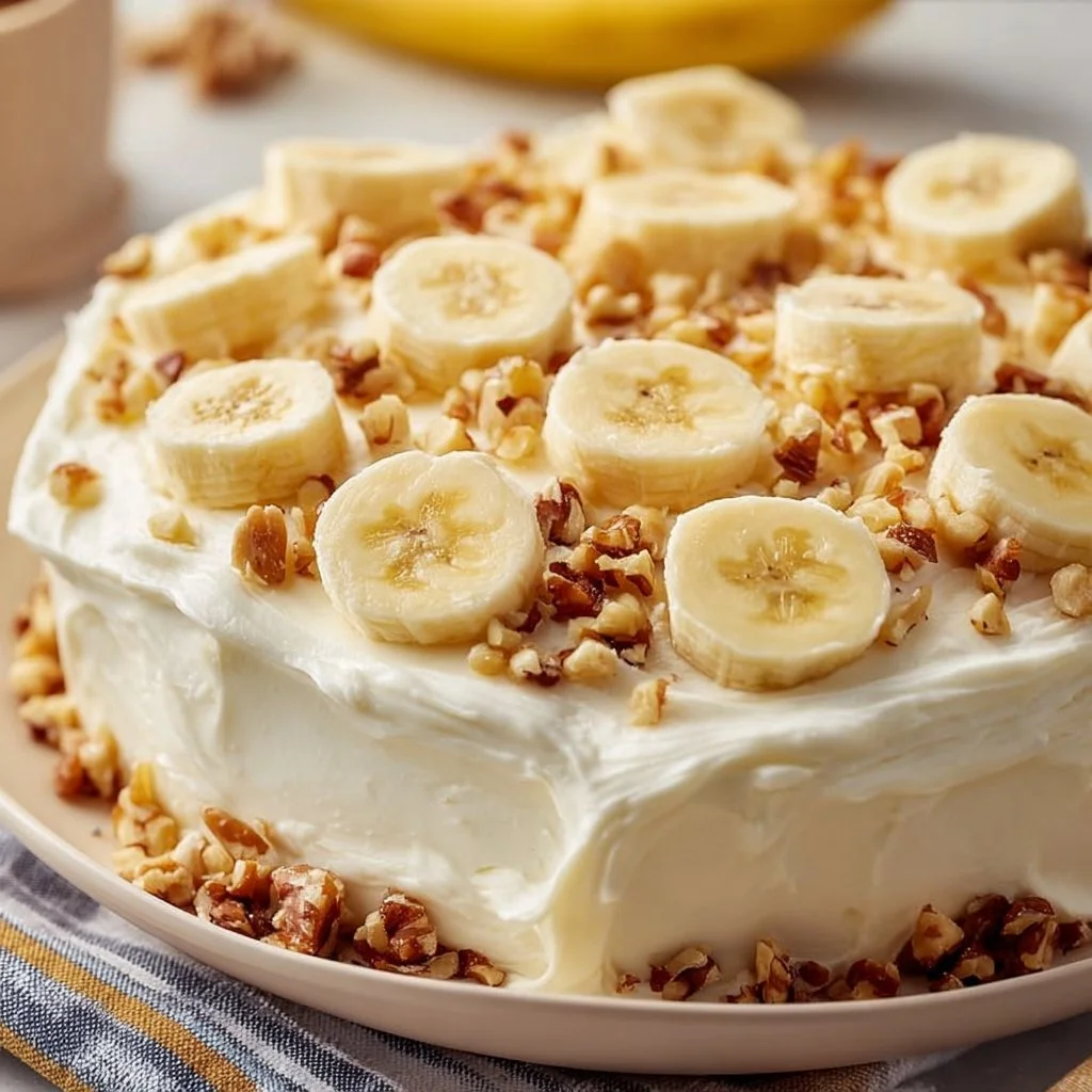 Slice of rich banana bread cake topped with nuts and frosting