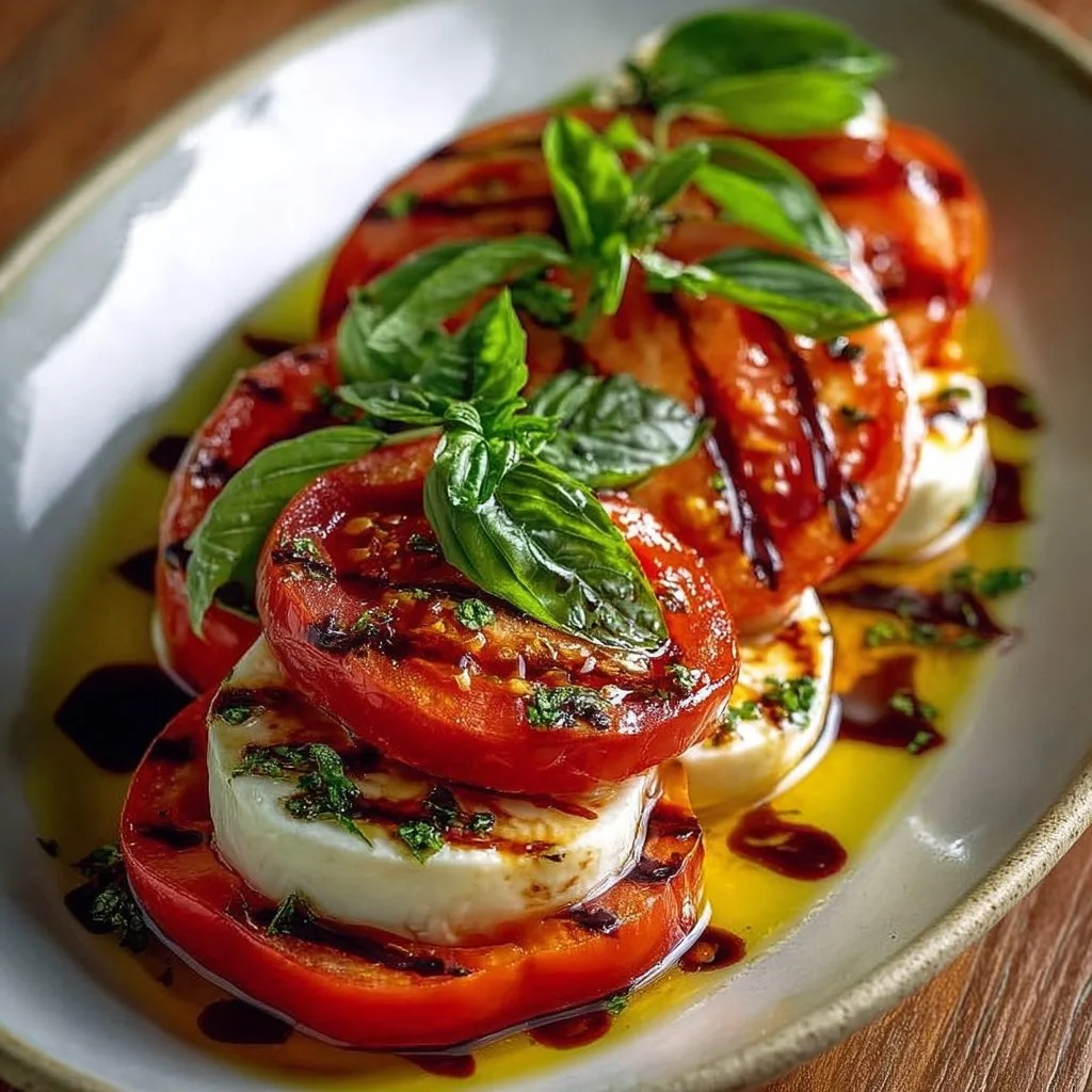 Delicious roasted tomato Caprese salad with fresh basil and mozzarella