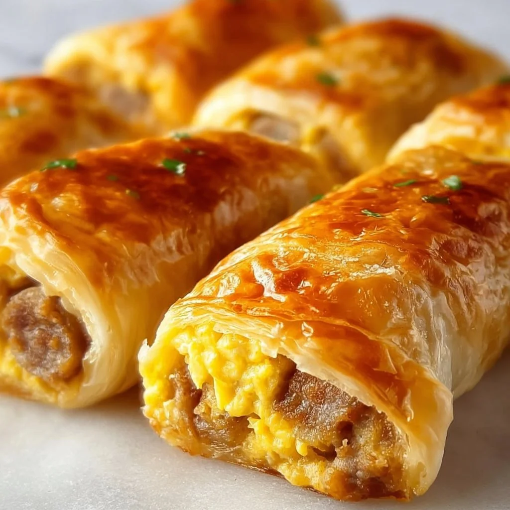Sausage and egg breakfast rolls on a plate, ready to be served.